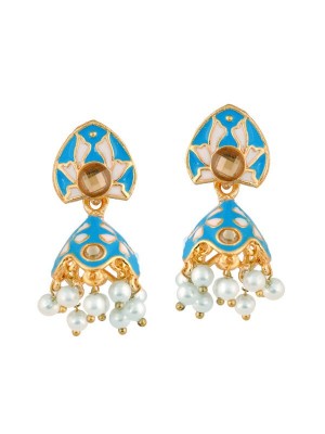 Queen Be  Everyday Enameled Jhumkis with Blue & White with White Pearls