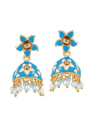 Queen Be  Floral Enameled Jhumkis with Deep Blue & White with White Pearls