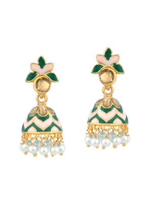 Queen Be  Leaf Enameled Jhumkis with Emerald Green & White with White Pearls