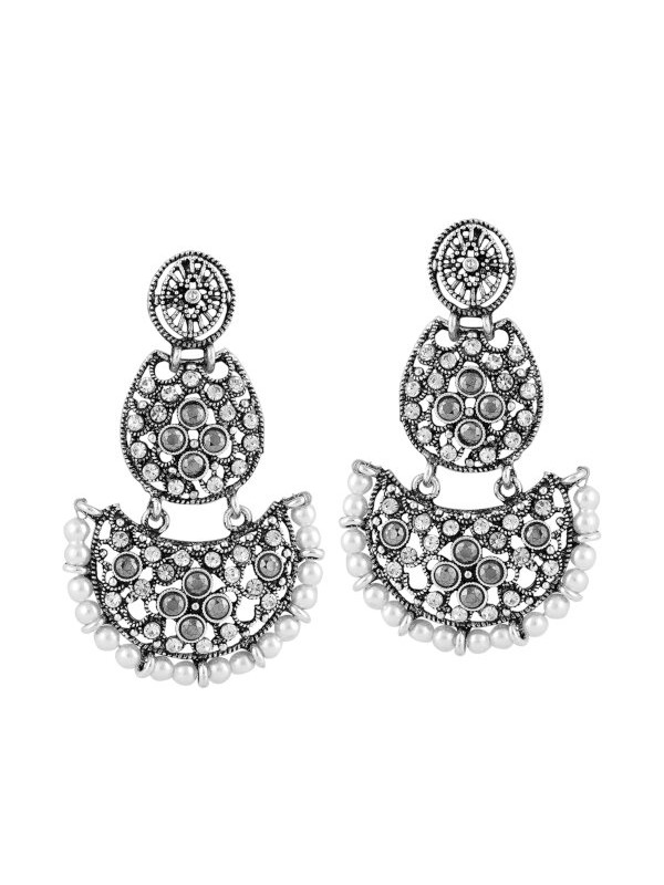 Queen Be  Oxidised Half Moon Crystal Danglers
