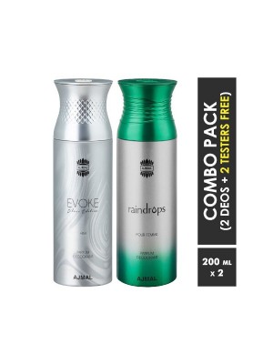 Ajmal Evoke silver him & Raindrops Deodorants for Men & Women (200 ml, Pack Of 2)