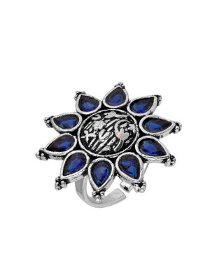 Queen Be  Oxidised Blue Aster Flower Cocktail Ring