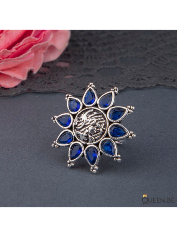 Queen Be  Oxidised Blue Aster Flower Cocktail Ring