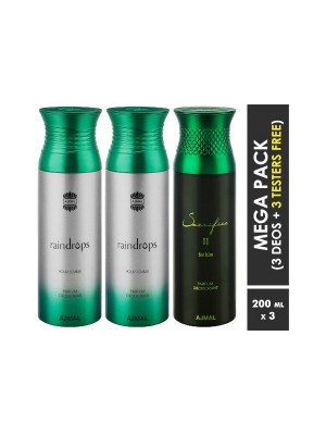 Ajmal Raindrops & Raindrops & Sacrifice II Deodorant Spray  for Men & Women (200 ml, Pack Of 3)