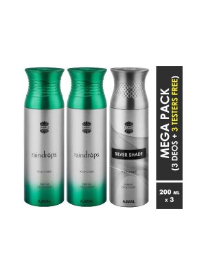 Ajmal Raindrops & Raindrops & Silver Shade Deodorant Spray  for Men & Women (200 ml, Pack Of 3)