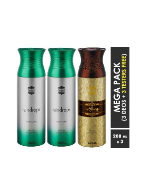 Ajmal Raindrops & Raindrops & Wisal Dahab Deodorant Spray  for Men & Women (200 ml, Pack Of 3)