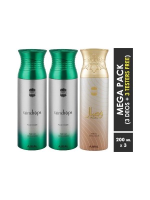 Ajmal Raindrops & Raindrops & Wisal Deodorant Spray  for Women (200 ml, Pack Of 3)