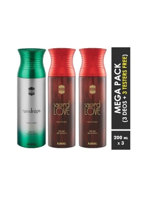 Ajmal Raindrops & Sacred Love & Sacred Love Deodorant Spray  for Women (200 ml, Pack Of 3)