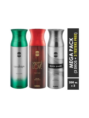 Ajmal Raindrops & Sacred love & Silvershade Deodorant Spray  for Men & Women (200 ml, Pack Of 3)