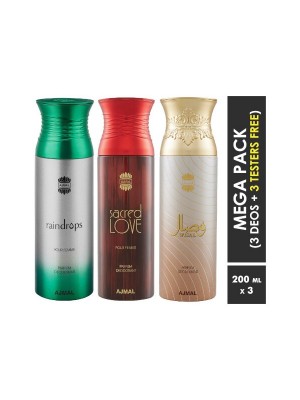 Ajmal Raindrops & Sacred Love & Wisal Deodorant Spray  for Women (200 ml, Pack Of 3)