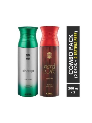 Ajmal Raindrops & Sacred love Deodorant Spray for Women (200 ml, Pack Of 2)