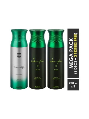Ajmal Raindrops & Sacrifice II & Sacrifice II Deodorant Spray  for Men & Women (200 ml, Pack Of 3)