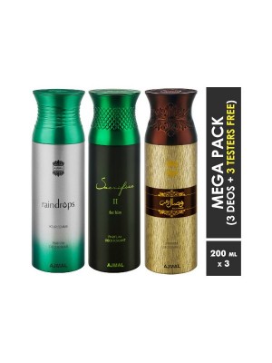 Ajmal Raindrops & Sacrifice II & Wisal Dahab Deodorant Spray  for Men & Women (200 ml, Pack Of 3)