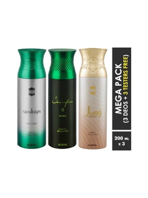 Ajmal Raindrops & Sacrifice II & Wisal Deodorant Spray  for Men & Women (200 ml, Pack Of 3)
