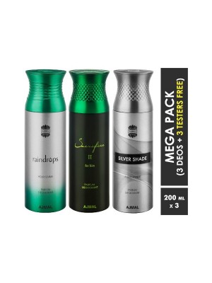 Ajmal Raindrops & Sacrifice II & Silver Shade Deodorant Spray  for Men & Women (200 ml, Pack Of 3)