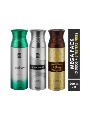 Ajmal Raindrops & Silver Shade & Wisal Dahab Deodorant Spray  for Men & Women (200 ml, Pack Of 3)