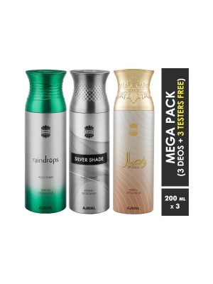 Ajmal Raindrops & Silver Shade & Wisal Deodorant Spray  for Men & Women (200 ml, Pack Of 3)