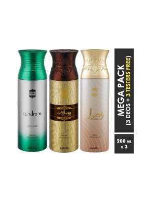 Ajmal Raindrops & Wisal Dahab & Wisal Deodorant Spray  for Men & Women (200 ml, Pack Of 3)