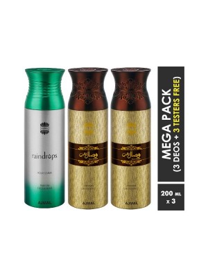Ajmal Raindrops & Wisal Dahab & Wisal Dahab Deodorant Spray  for Men & Women (200 ml, Pack Of 3)