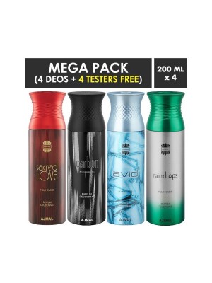 Ajmal Sacred Love & Carbon & Avid & Raindrops Deodorant Spray for Men (200 ml, Pack Of 4)