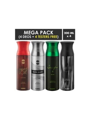 Ajmal Sacred Love & Silver Shade & Sacrifice II him & Carbon Deodorant Spray for Men (200 ml Pack Of 4)