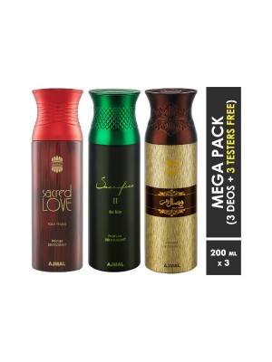Ajmal Sacred Love & Sacrifice II & Wisal Dahab Deodorant Spray  for Men & Women (200 ml Pack Of 3)