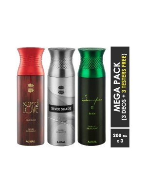 Ajmal Sacred love & Silver shade & Sacrifice II Deodorant Spray  for Men & Women (200 ml Pack Of 3)