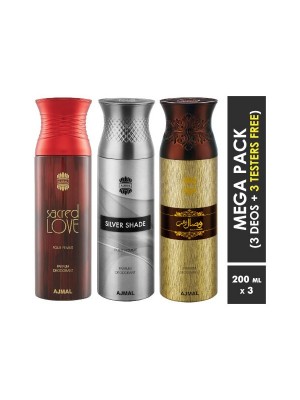 Ajmal Sacred Love & Silver Shade & Wisal Dahab Deodorant Spray  for Men & Women (200 ml Pack Of 3)