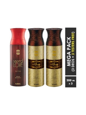 Ajmal Sacred Love & Wisal Dahab & Wisal Dahab Deodorant Spray  for Men & Women (200 ml Pack Of 3)