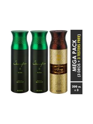 Ajmal Sacrifice II & Sacrifice II & Wisal Dahab Deodorant Spray  for Men (200 ml Pack Of 3)