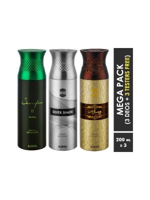 Ajmal Sacrifice II & Silver Shade & Wisal Dahab Deodorant Spray  for Men (200 ml Pack Of 3)