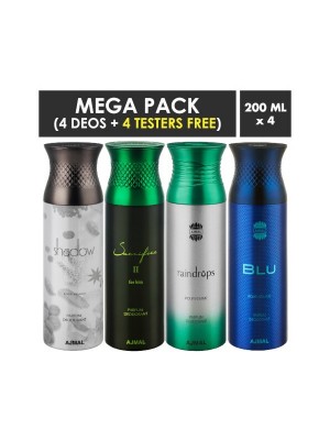 Ajmal Shadow Homme & Sacrifice II him & Raindrops & Blu Deodorant Spray for Men (200 ml Pack Of 4)