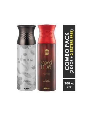Ajmal Shadow Homme & Sacred Love Deodorant Spray for Men & Women (200 ml Pack Of 2)