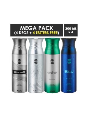 Ajmal Silver Shade & Evoke silver Edition Homme & Raindrops & Blu Deodorant Spray for Men (Pack Of 4)