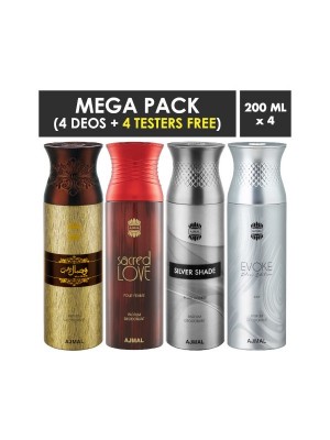 Ajmal Wisal Dahab, Sacred Love, Silver Shade & Evokesilver Edition Deodorant Sprays for Men (Pack Of 4)