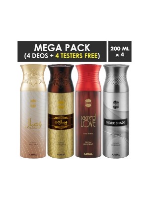 Ajmal Wisal & Wisal Dhahab & Sacred Love & Silver Shade Deodorant Spray for Men (200 ml Pack Of 4)
