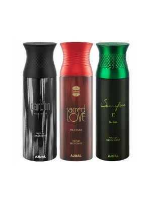 Ajmal Carbon & Sacred love & Sacrifice II Deodorant Spray  for Men & Women (200 ml, Pack Of 3)