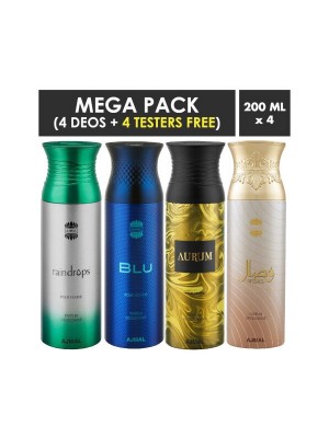 Ajmal Raindrops & Blu & Aurum & Wisal Deodorant Spray for Men (200 ml, Pack Of 4)