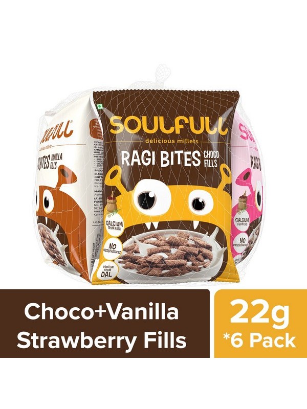 Soulfull Ragi Bites - Choco/S'Berry/Vanilla Fills, 6*28 gm