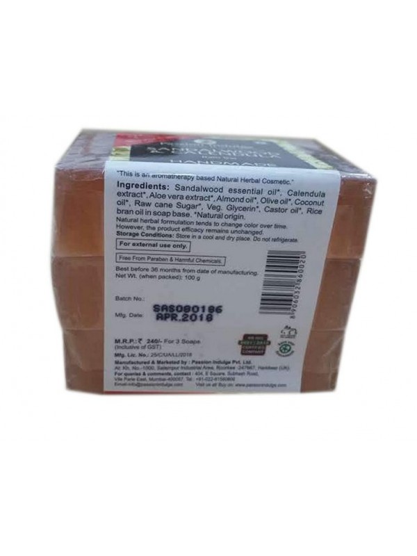 Passion Indulge Handmade Natural Bath Bar Soap Enriched With Essential Oil - Sandalwood (Pack of 3) 300 gm