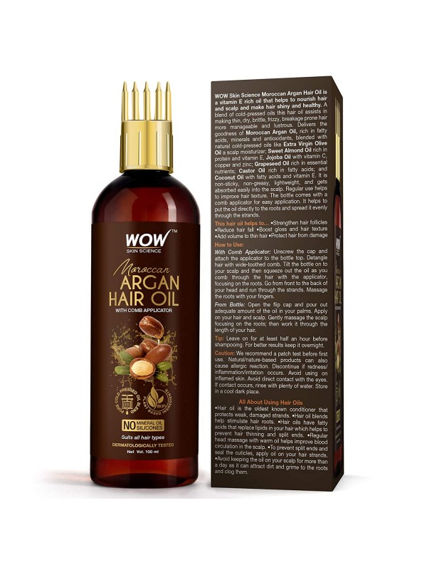 Wow Skin Science Moroccan Argan Hair Oil - With Comb Applicator - Cold Pressed 100 ml