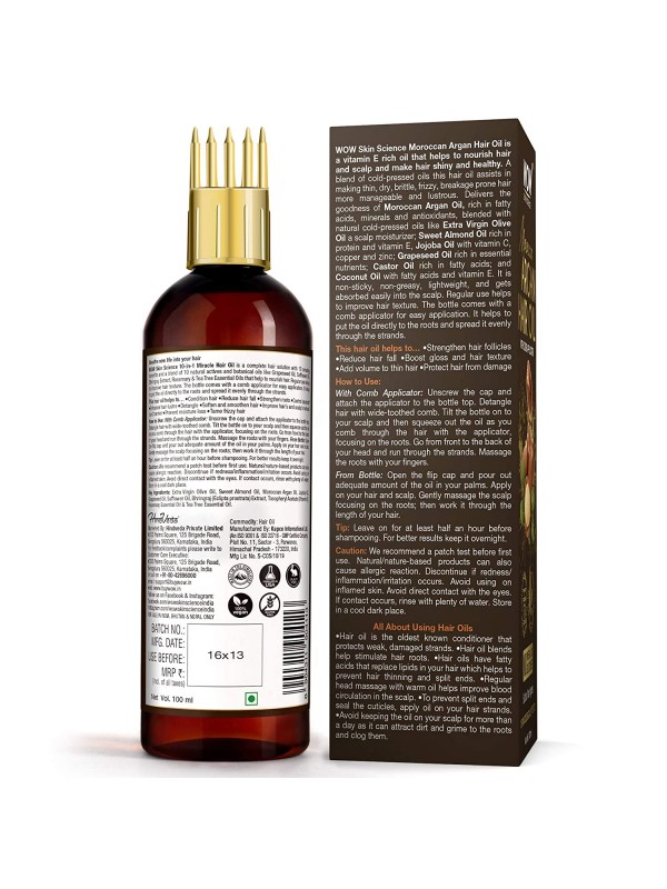 Wow Skin Science Moroccan Argan Hair Oil - With Comb Applicator - Cold Pressed 100 ml